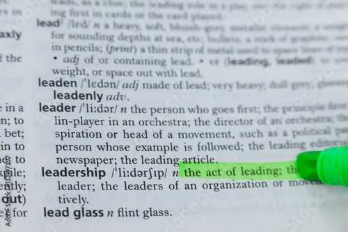 Highlighted definition of leadership in dictionary