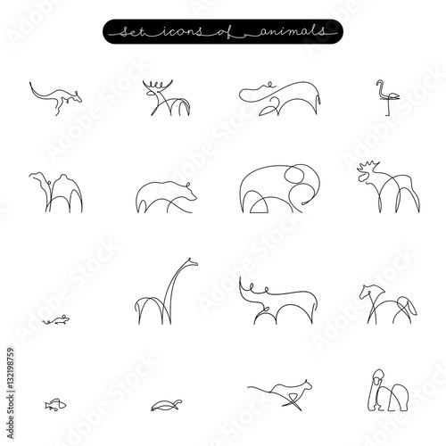 vector set of of animals icons  hand-painted continuous contour