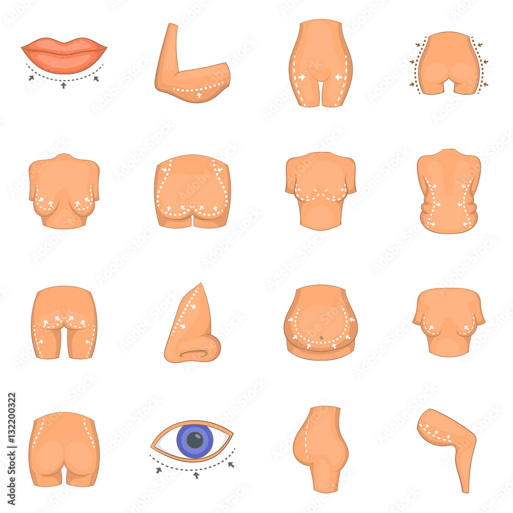 Plastic surgeon icons set. Cartoon illustration of 16 plastic surgeon vector icons for web