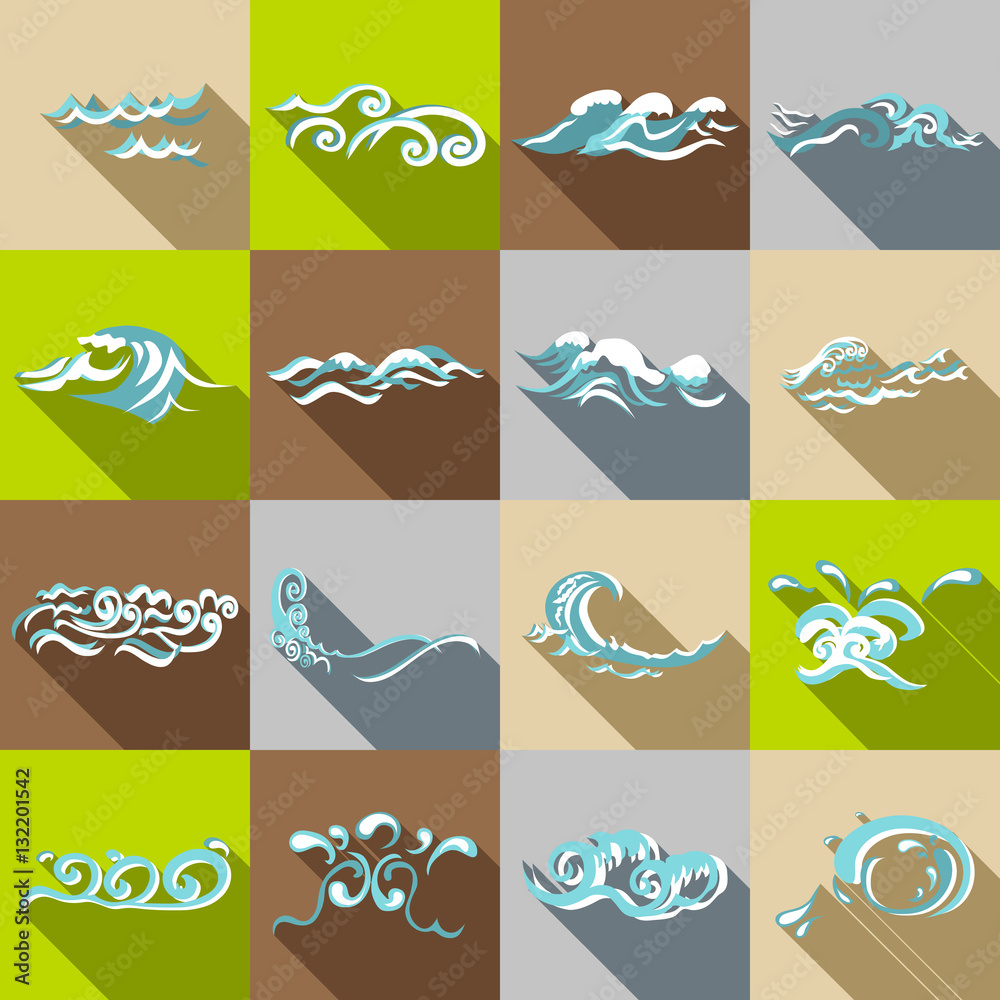 Sea waves icons set. Flat illustration of 16 sea waves vector icons for web