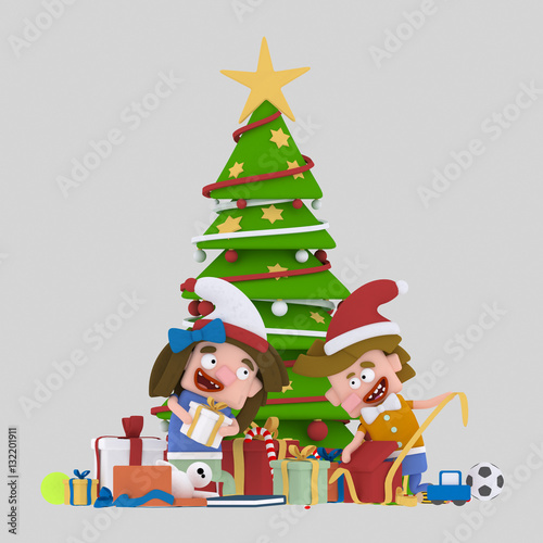 Kids opening gifts in front of Christmas Tree    EASY COMBINE   Custom 3d illustration contact me 