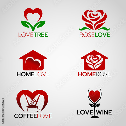 Heart and rose logo , home love logo and coffee and wine logo vector set design
