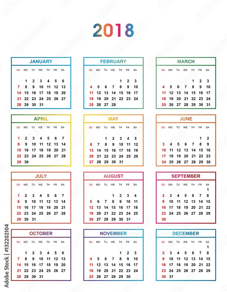 Simple Color Calendar For The Year 18 The Names Of Days And Months In A Row Numbered Days In The Colored Squares On A White Background Stock Vector Adobe Stock
