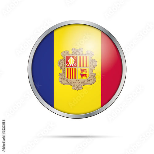 Vector Andorran flag Button. Andorra flag in glass button style with metal frame.