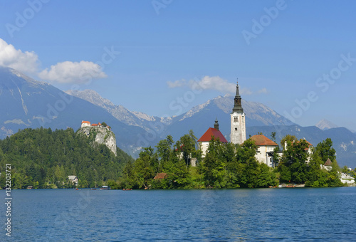 Lake Bled with the church and the castle on a sunny summer day, Bled, Slovenia, Europe