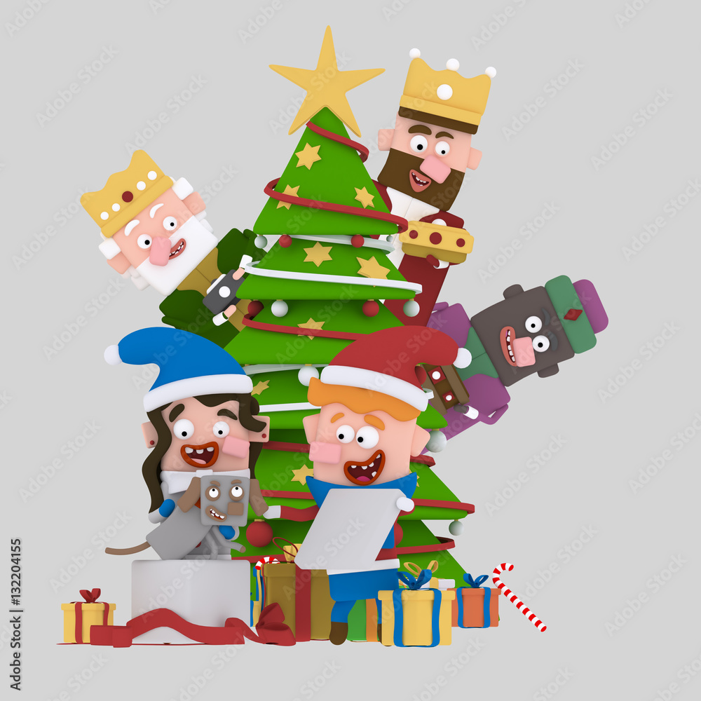 Magic Kings behind the xmas tree looking children opening gifts

EASY COMBINE!  Custom 3d illustration contact me!