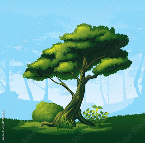 A high quality illustration of colorful tree with a curved crown