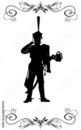 Silhouette of a Russian hussar, holding a mug of beer.