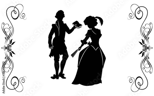 The young man in a XIX-th century suit reads verses to the girl in the elegant dress, holding a fan.