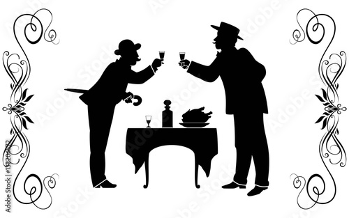 Two men in suits of XIX century have dinner at restaurant.