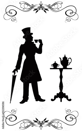 The man in clothes of XIX century with an umbrella and in the cylinder costs at a restaurant little table and holds in a hand a cup of coffee.