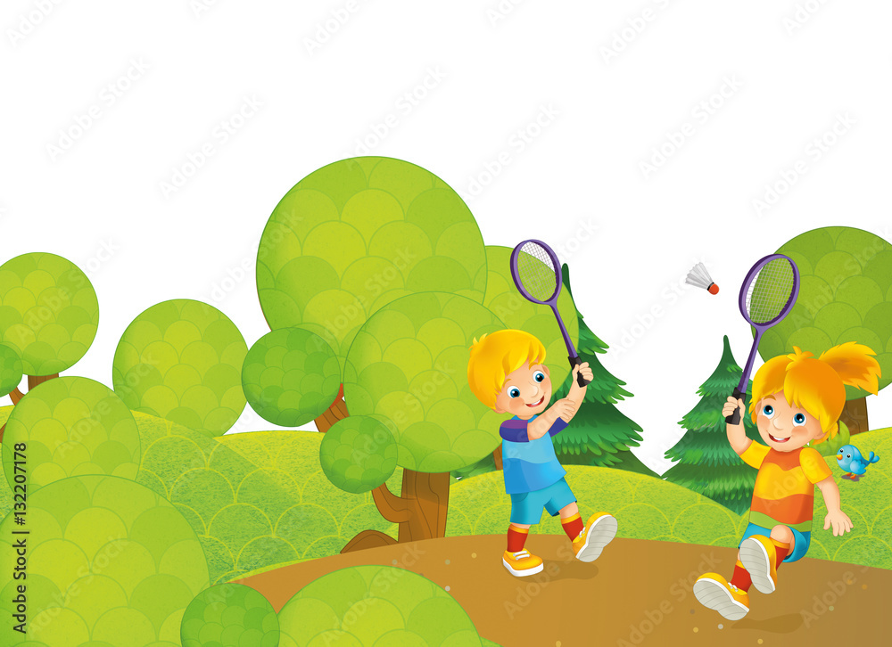 Naklejka premium Cartoon scene with kids playing tennis in the park - illustration for children