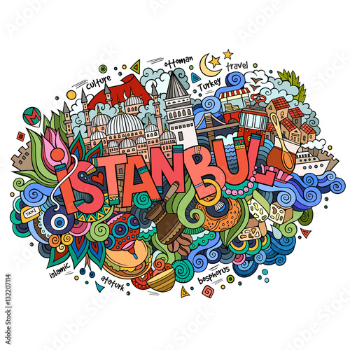 Istanbul city hand lettering and doodles elements
