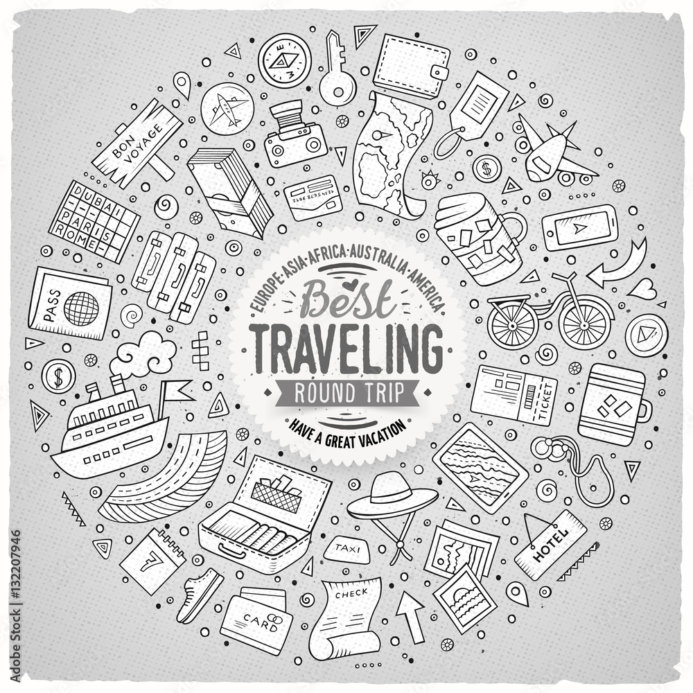 Round frame Travel cartoon objects, symbols and items