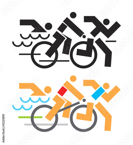Triathlon race Icons.
Black and colorful Icons symbolizing triathlon, swimming, running and cycling. Vector available.