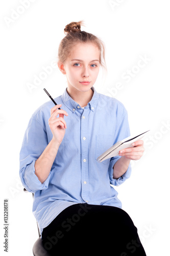 Smart student girl thinking about message isolated