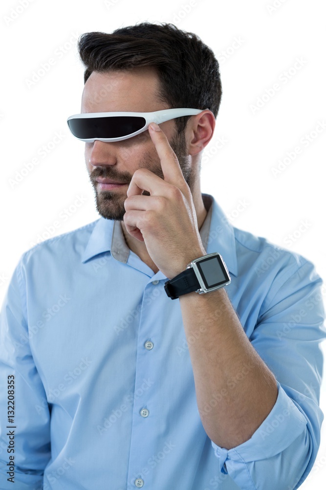 Man wearing virtual reality glasses and smart watch Man wearing virtual reality glasses and smart watch