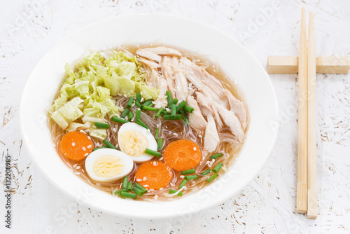 soup with glass noodles, vegetables and chicken