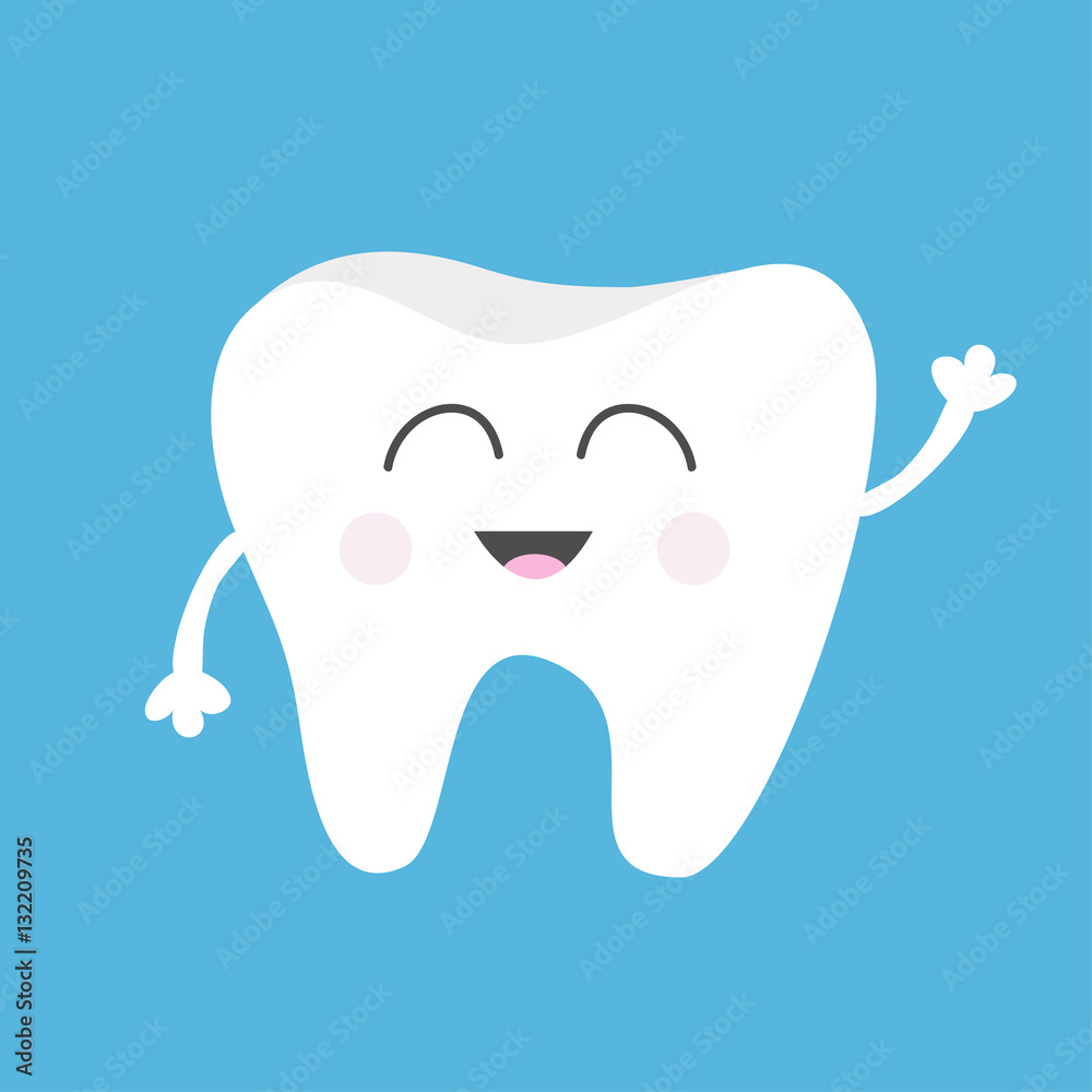 Tooth health icon. Cute funny cartoon smiling character with hands. Oral dental hygiene. Children teeth care. Baby background. Flat design. Tooth health icon. Cute funny cartoon smiling character with hands. Oral dental hygiene. Children teeth care. Baby background. Flat design.