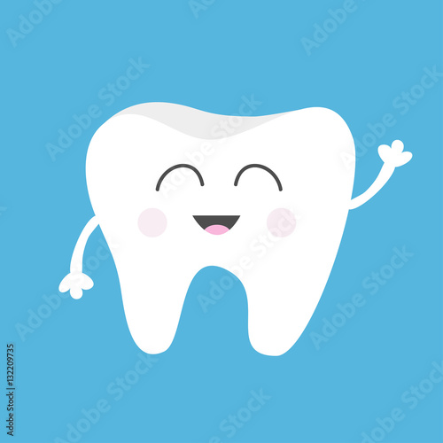Tooth health icon. Cute funny cartoon smiling character with hands. Oral dental hygiene. Children teeth care. Baby background. Flat design.