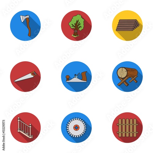 Sawmil and timber set icons in flat style. Big collection of sawmill and timber vector symbol stock illustration photo