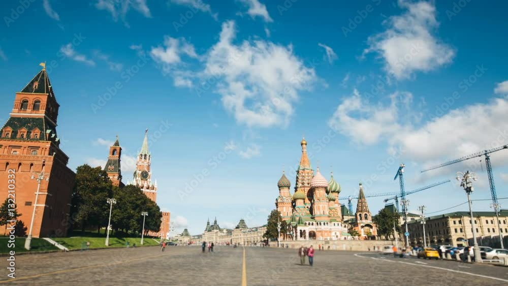 St. Basils cathedral and Kremlin tower from Red Square hyperlapse in Moscow, Russia