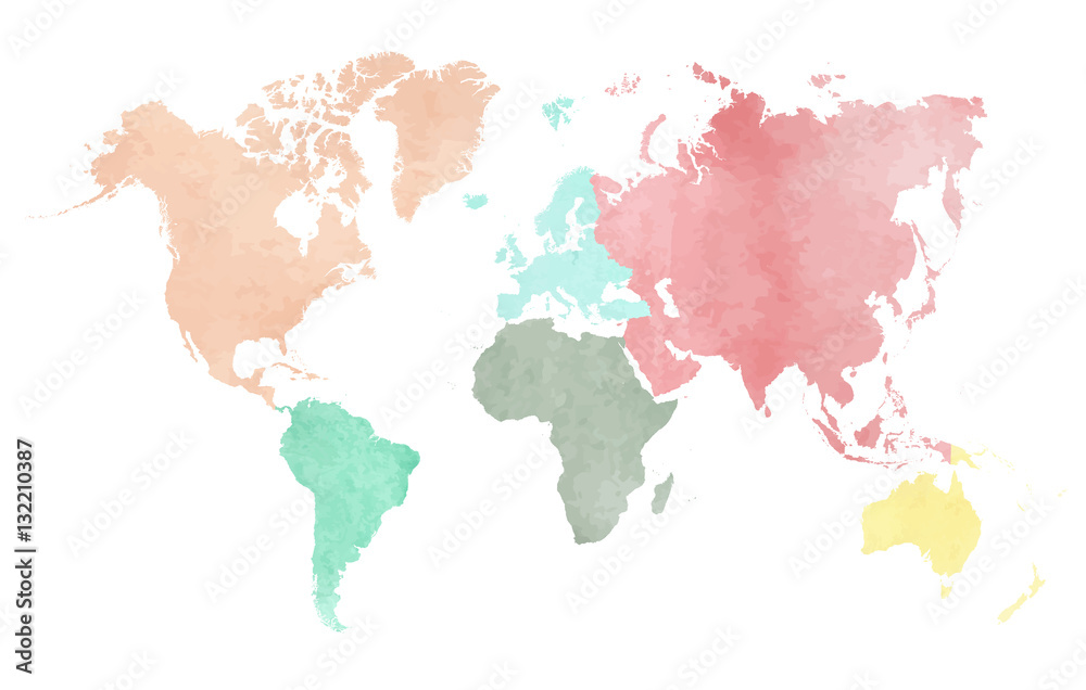 Obraz Mapa kontynentalnego świata w akwareli w sześciu różnych kolorach
