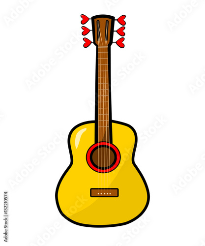 Guitar, hearts. Vector colored Sticker, icon, patch badge isolated on white. Romance music concept for Valentine's Day card, wedding poster. Hand drown vector illustration. Doodle cartoon, comic style