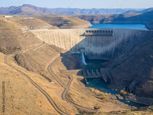 Impressive Katse Dam hydroelectric power plant and service roads in Lesotho, Africa