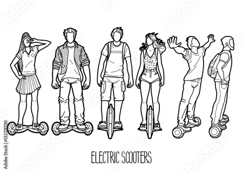 Graphic people riding on electric scooters 