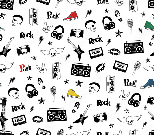 Punk Rock seamless pattern isolated on white. Rock and roll doodles. Music signs, rockstar, record label, skull, tattoo, guitar band. Cool vector hand drown design for print, textille, wrapping paper