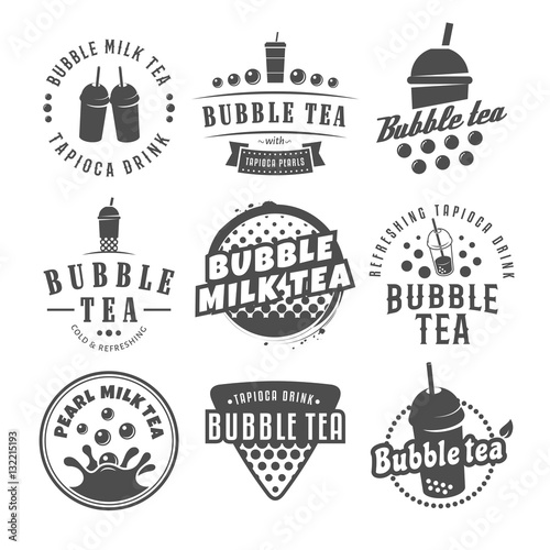 Vector bubble tea logos. Set of pearl tea labels. Popular asian drink badges