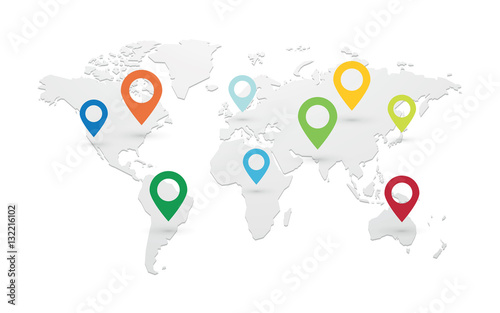 set of colored map pointers with world map isolated
