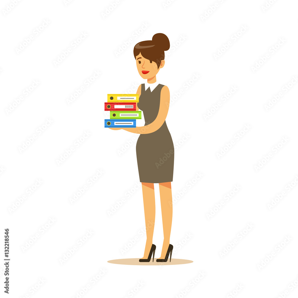 Secretary With Pile Of Folders, Business Office Employee In Official Dress Code Clothing Busy At Work Smiling Cartoon Characters Secretary With Pile Of Folders, Business Office Employee In Official Dress Code Clothing Busy At Work Smiling Cartoon Characters