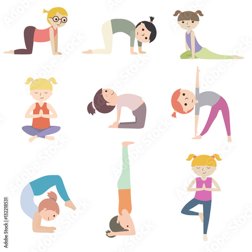 Set of cartoon kids yoga with flat design color