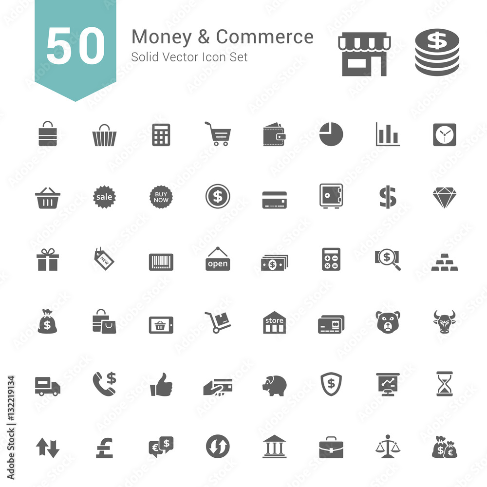 Money and Commerce Icon Set. 50 Solid Vector Icons.