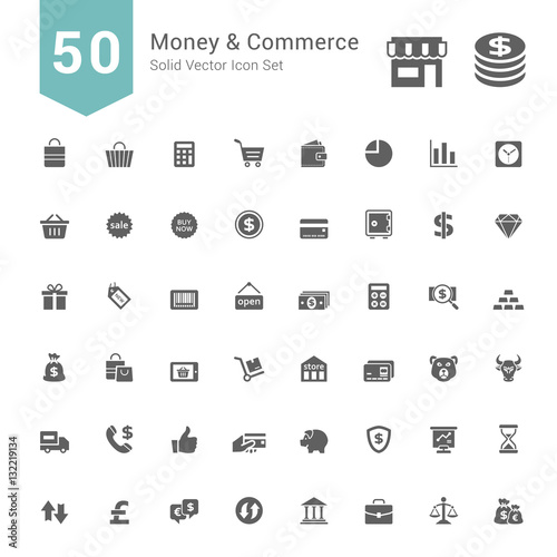 Money and Commerce Icon Set. 50 Solid Vector Icons.