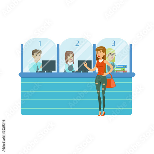 Three Bank Operators In Glass Cubicles And Woman Client. Bank Service, Account Management And Financial Affairs Themed Vector Illustration