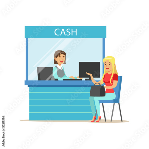 Woman Withdrawing Cash At Bank Cashier. Bank Service, Account Management And Financial Affairs Themed Vector Illustration