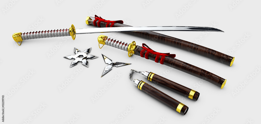 Fototapeta premium Japanese Katana. Samurai set Isolated weapons. 3d illustration.