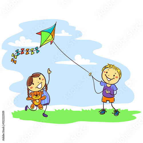 Vector Illustration of Kids Playing Kite on Field