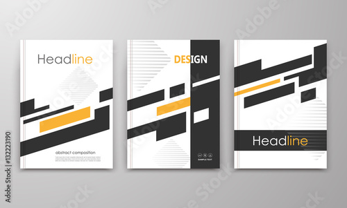 Abstract a4 brochure cover design. Ad frame font. Patch title sheet model. Creative vector front page art. Flyer set. Banner texture. Square logo icon. Black, yellow rectangles fiber. Striped