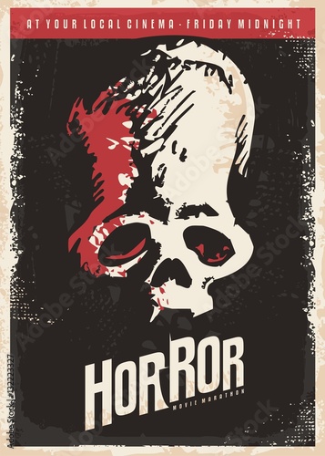 Cinema retro poster design for horror movies with skull drawing on black background
