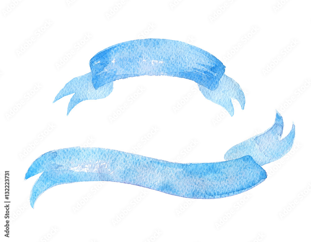Hand drawn watercolor illustration. Isolated on white background. Watercolour bright blue tape. Set of aquarelle sky ribbons. Heavenly color.