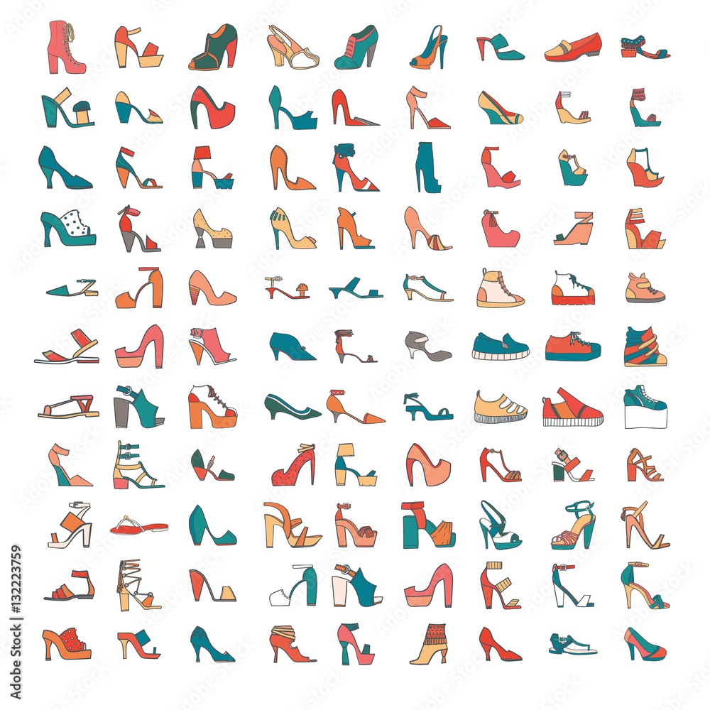 Beautiful set of various shoes and sandals, isolated on white background. Vector bundle with 99 different summer and spring female footwear with different heels and platform types. Vector illustration