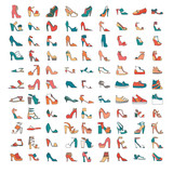 Beautiful set of various shoes and sandals, isolated on white background. Vector bundle with 99 different summer and spring female footwear with different heels and platform types. Vector illustration