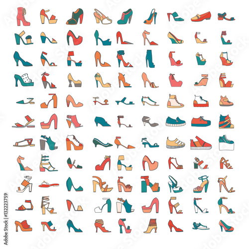 Beautiful set of various shoes and sandals, isolated on white background. Vector bundle with 99 different summer and spring female footwear with different heels and platform types. Vector illustration