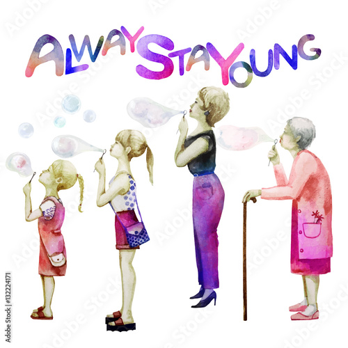 Women in four age groups blowing soap bubbles