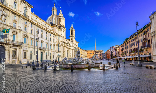 Church Sant Agnese in Agone, Palazzo Pamphilj and Fontana del Moro (Moor Fountain) on Piazza Navona in Rome, Italy