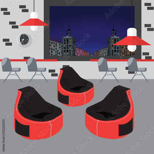 Bean bag chair with city view from window. Good idea for office workplace interior, co working freelance center.Flat concept vector illustration.